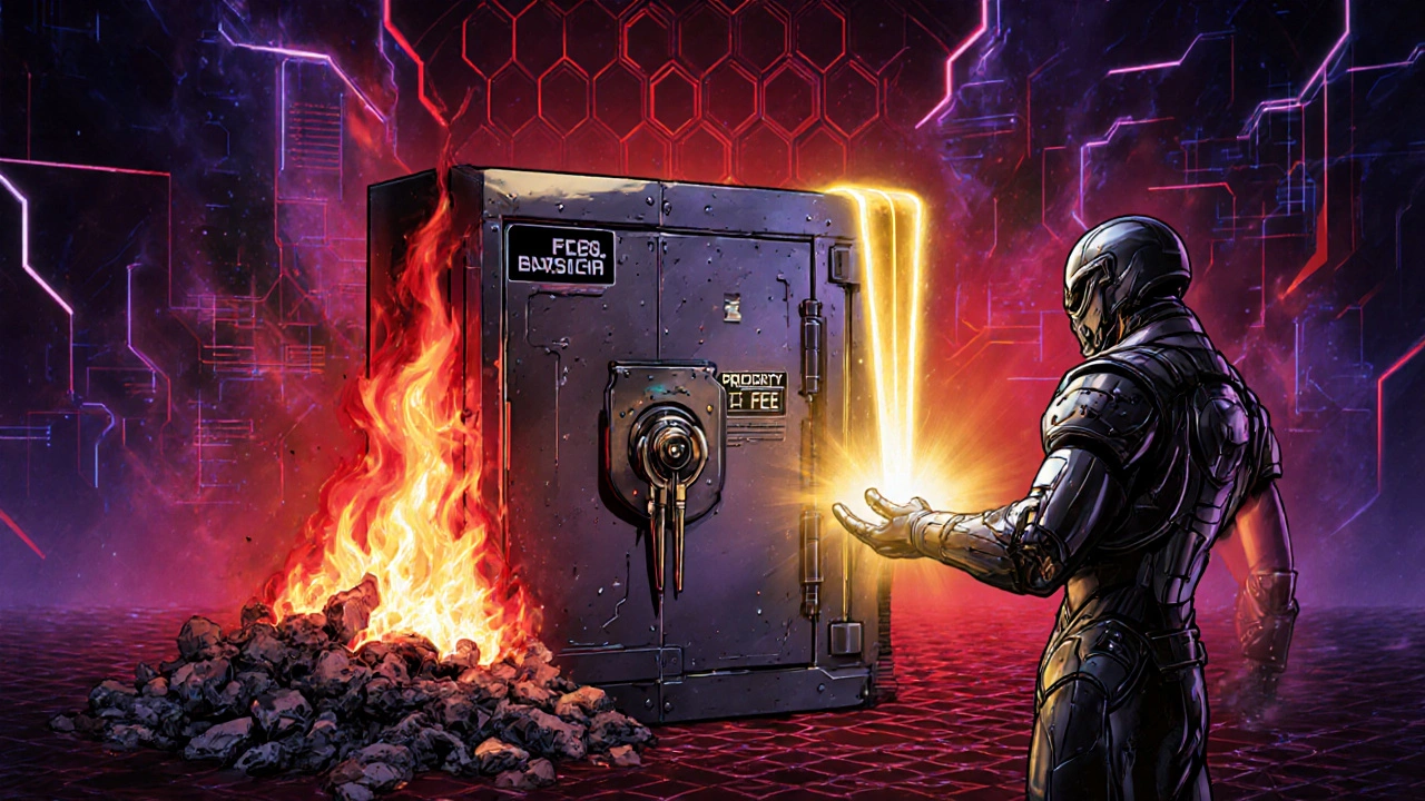 Illustration cyber‑punk montrant le frais de base brûlé et le tip vers le validateur.