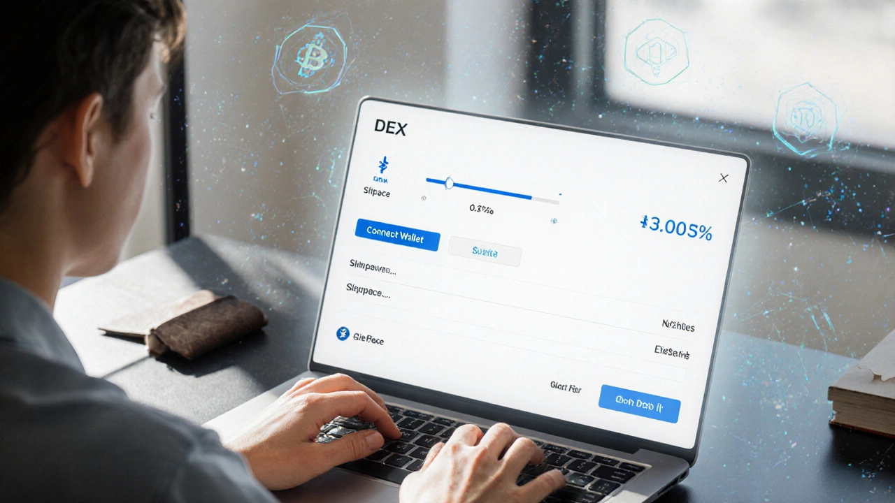 Utilisateur connectant son portefeuille à un DEX sur un ordinateur portable