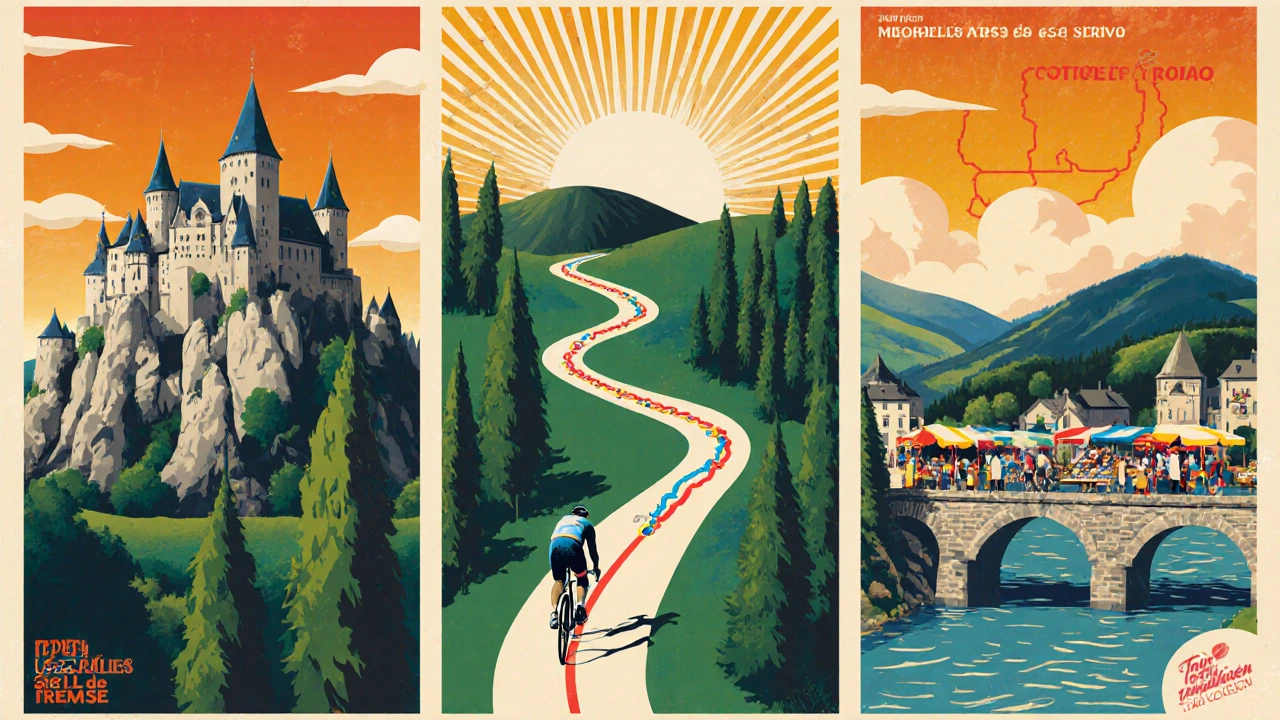 Affiche vintage montrant le Château de Hautefort, le parc Millevaches et le pont de Brive‑la‑Gaillarde avec une route sinueuse.