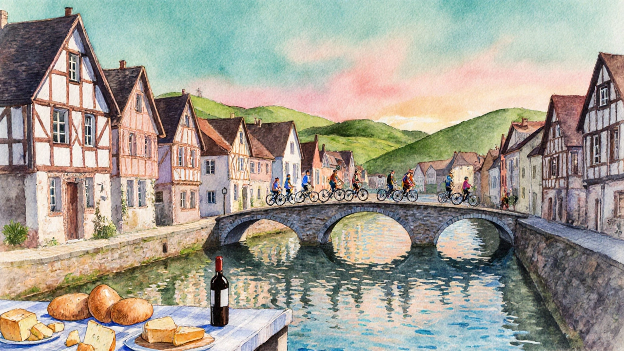 Arrivée à Uzerche, maisons à colombages le long du canal, cyclistes sur le pont au crépuscule.