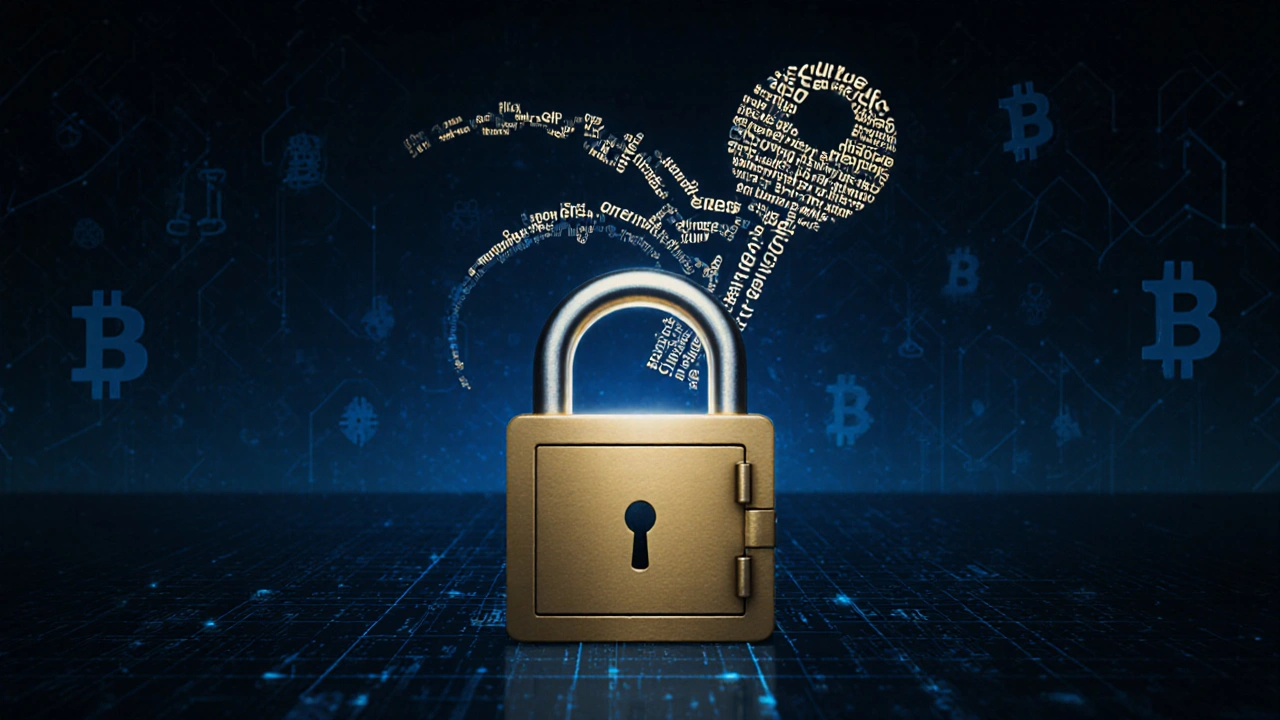 Coffre-fort verrouillé avec une clé composée de mots lumineux flottant au-dessus.