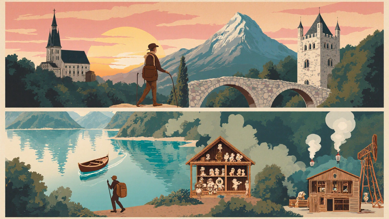 Collage vintage d’un itinéraire de trois jours montrant les villages, le lac, les tours médiévales et la randonnée.