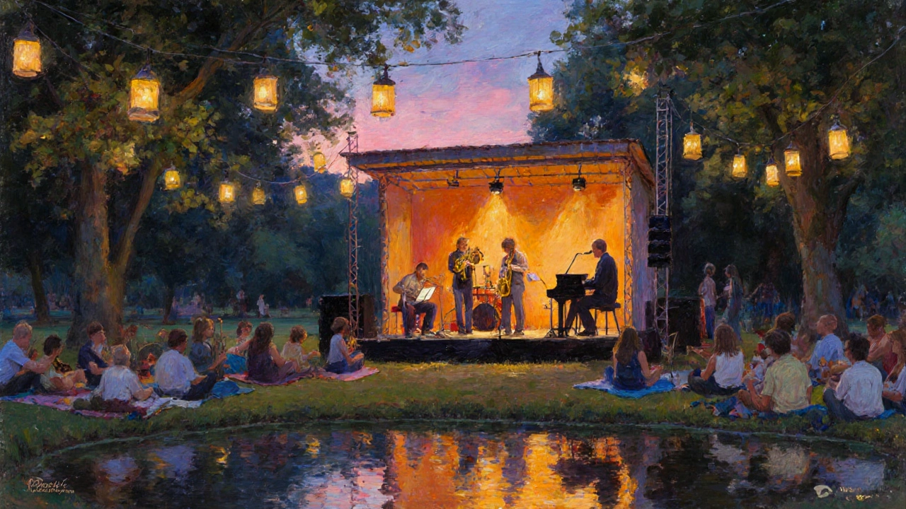 Concert de jazz nocturne "Nuits de la Vienne" dans un parc, scène éclairée, public sous lanternes.