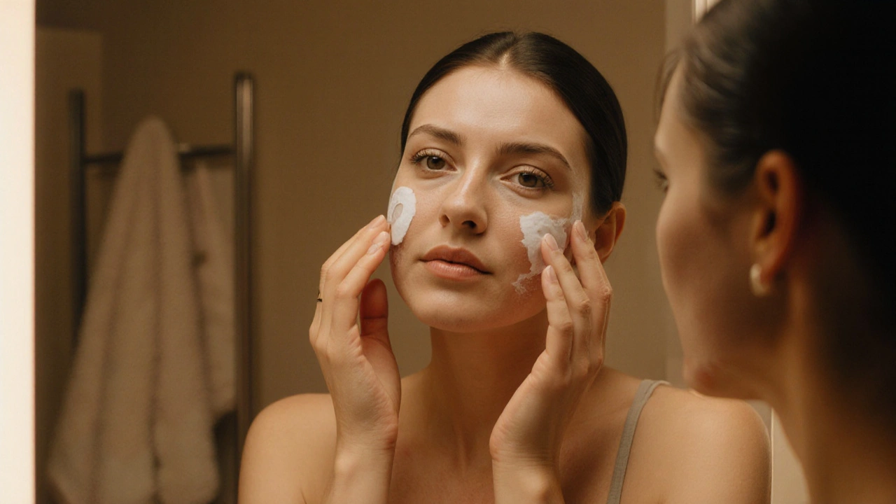Femme appliquant une crème adaptée à son type de peau devant un miroir dans une salle de bain.