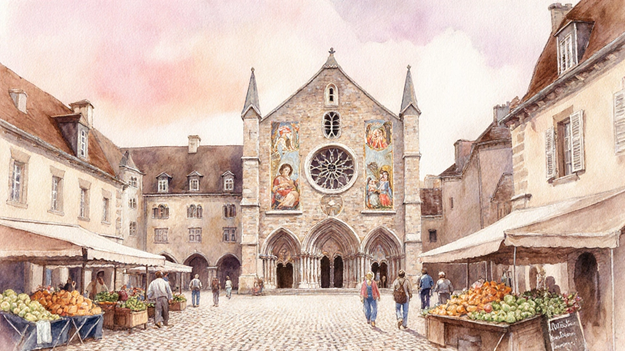 Illustration à l’aquarelle de la place de l’abbaye de Saint‑Savin‑sur‑Gartempe avec marché et fresques.