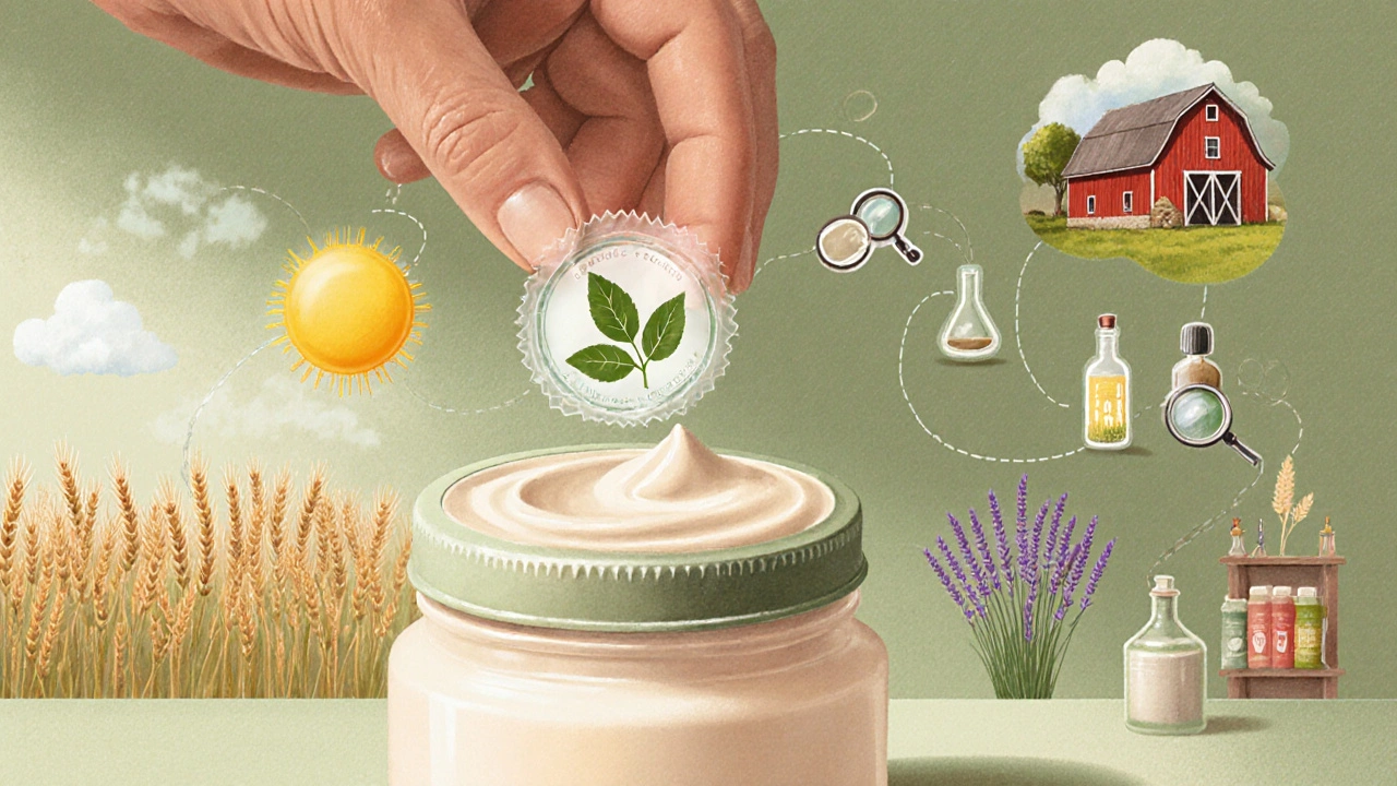Illustration d'une chaîne de traçabilité d'un produit bio, du champ à la bouteille certifiée.
