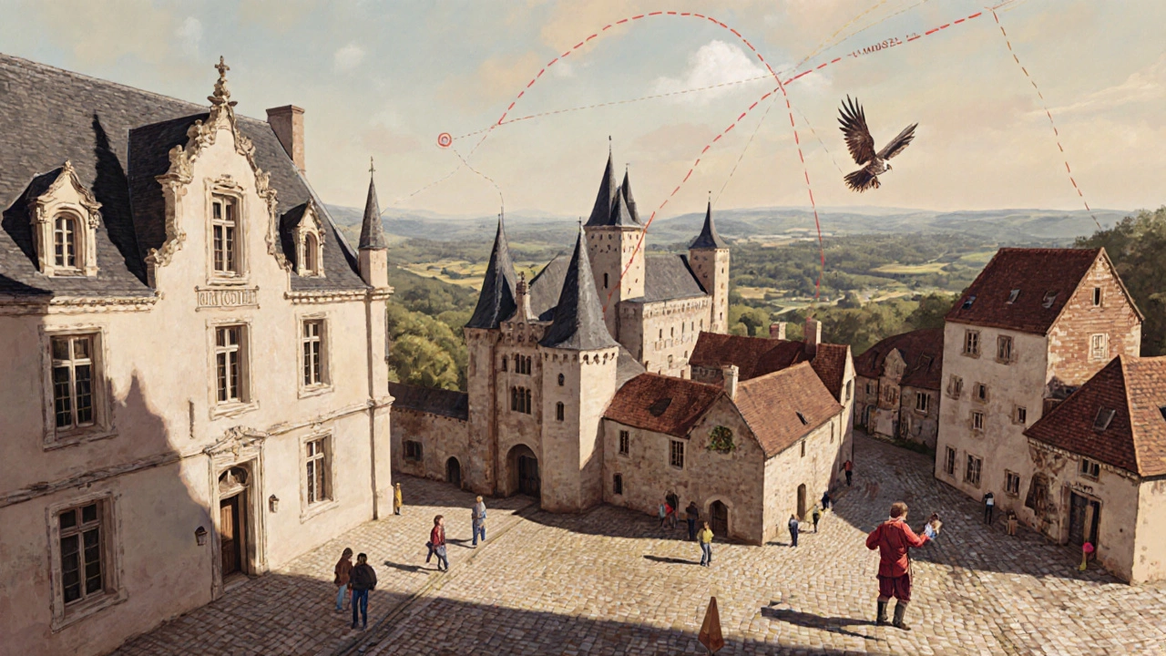 Illustration numérique du circuit historique montrant un musée, un château et un village médiéval animé.