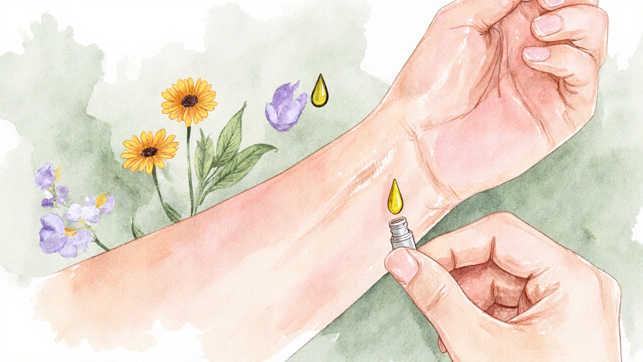 Main appliquant un sérum bio, peau éclatante, fonds de fleurs de calendula.