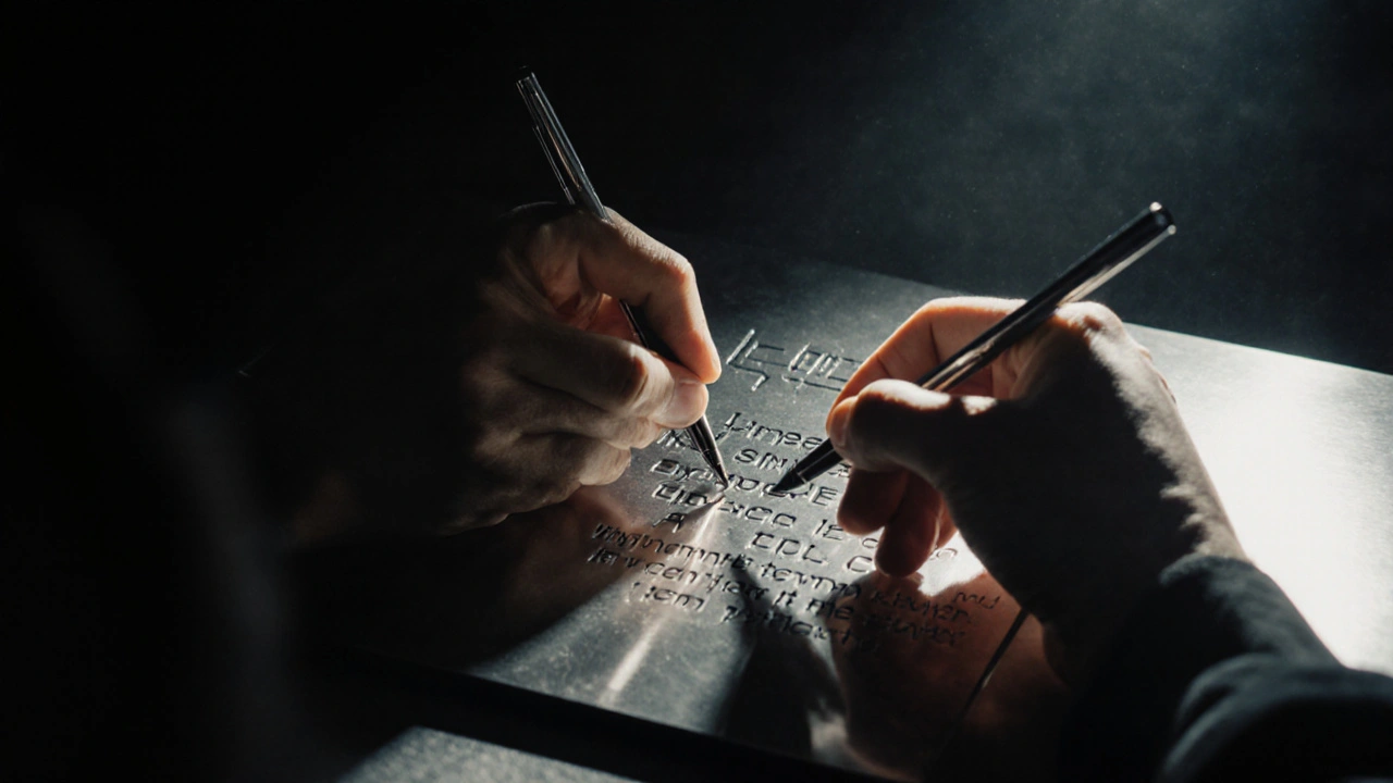 Mains écrivant une phrase de récupération sur une plaque métallique résistante au feu.