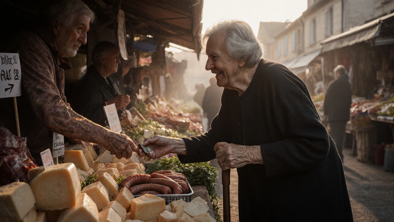 Marché de Brive-la-Gaillarde : une femme âgée échange des produits locaux avec un producteur, sans affichage ni écran.