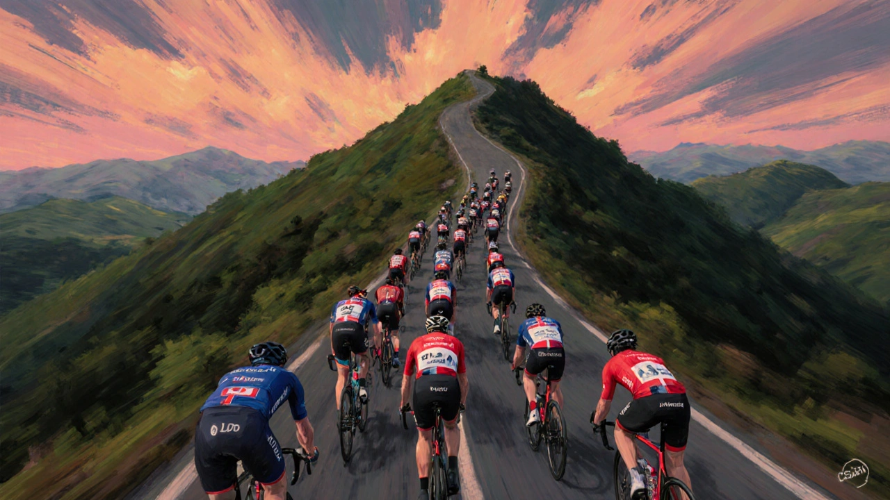 Montée du col de la Roche‑Feuille montrant deux équipes qui attaquent sous un ciel dramatique.