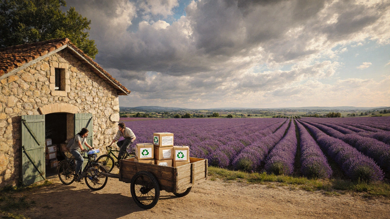 Paysage rural de Provence avec champs de lavande et coopérative chargée de cosmétiques.