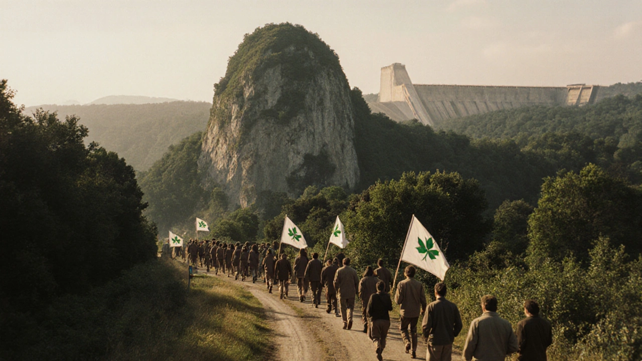 Protesters march toward the green Roc Vert rock formation during the 1974 environmental rally.
