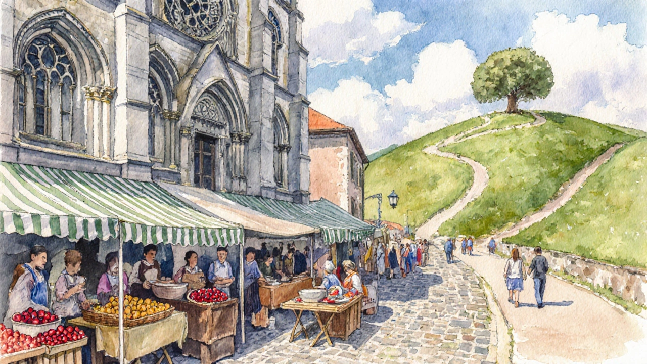 Rue pavée de Saint‑Léonard‑de‑Noblat avec collégiale, marché animé et le Puy de la Vache en arrière‑plan.