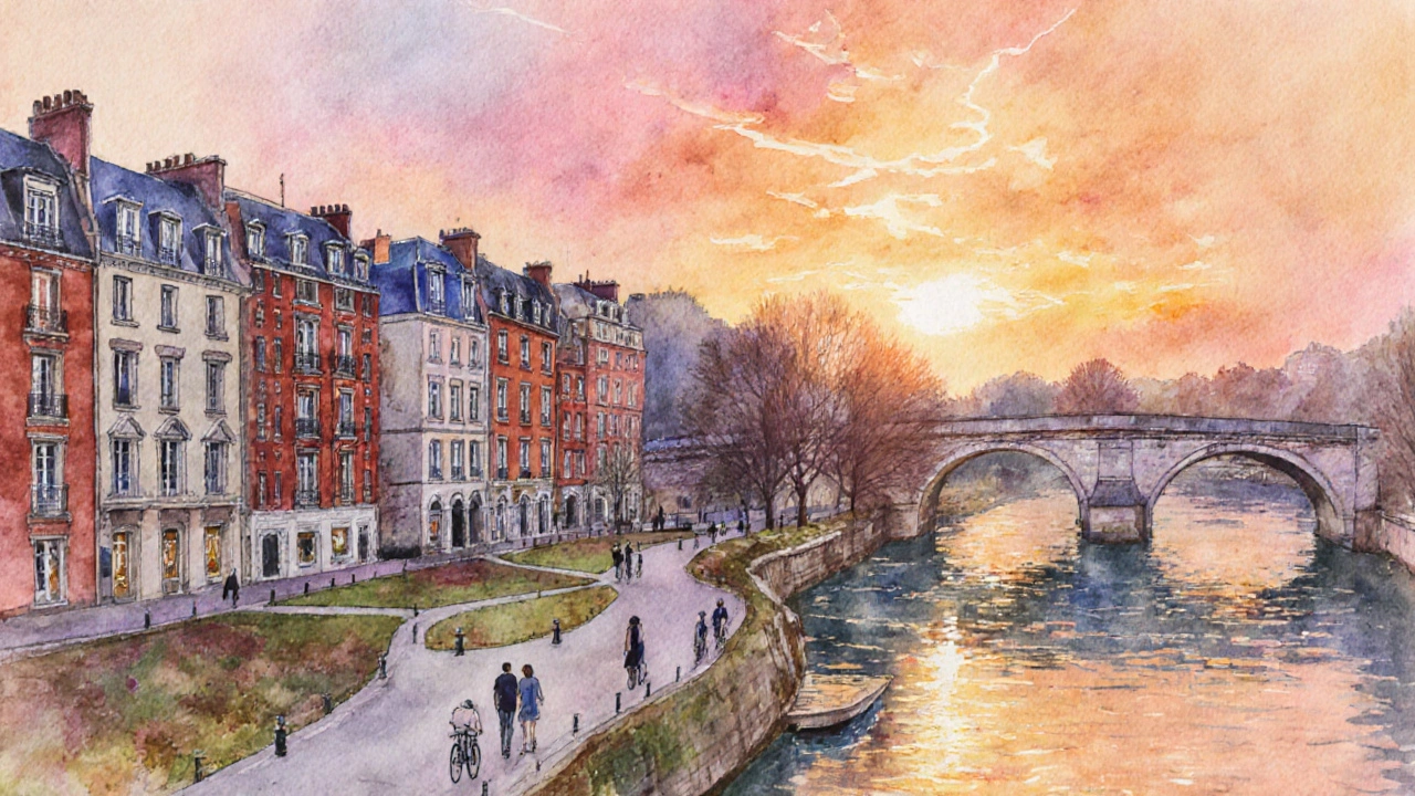 Scène aquarelle du Pont Saint‑Étienne au crépuscule, reflet du fleuve et façades art déco.