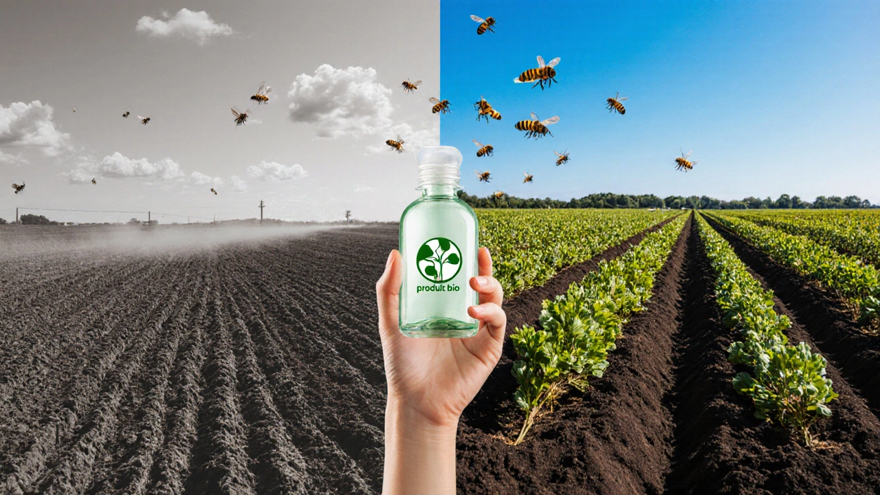Scène divisée montrant une ferme conventionnelle asséchée à gauche et une ferme bio prospère à droite, avec un flacon écologique au centre.
