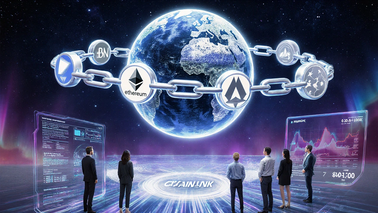 Scène futuriste montrant le protocole CCIP reliant plusieurs blockchains autour d’un globe lumineux.
