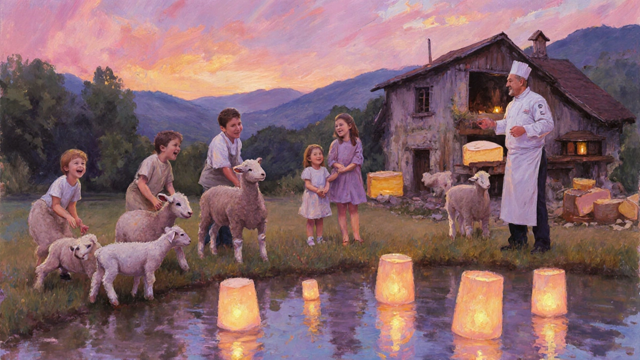 Scène impressionniste d'une famille au parc animalier, atelier fromage et lanternes sur le lac Vassivière.