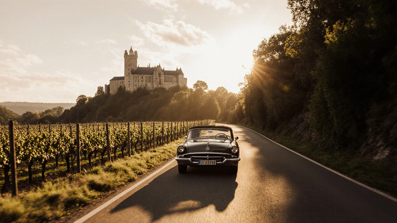 Scène rétro d’une voiture décapotable roulant près du château de Chauvigny, vignobles et forêts.