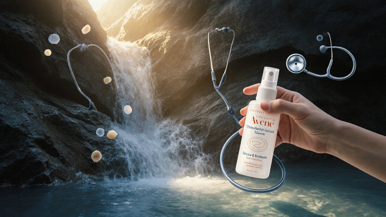 Source thermale d&#039;Avene jaillissant de roches anciennes, avec des minéraux dans l&#039;eau.