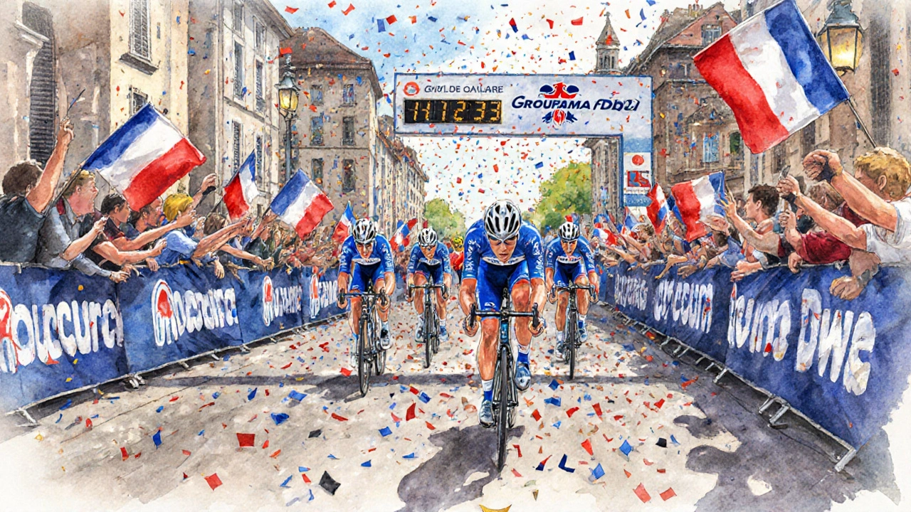 Sprint final à Brive‑la‑Gaillarde avec Arnaud Démare franchissant la ligne d'arrivée.