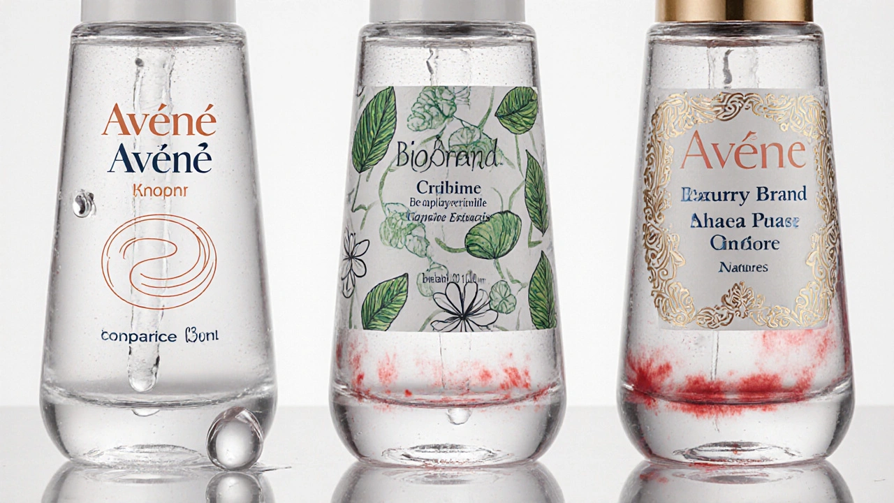 Trois bouteilles comparées : Avene pur, marque bio irritante, marque luxe ornée.