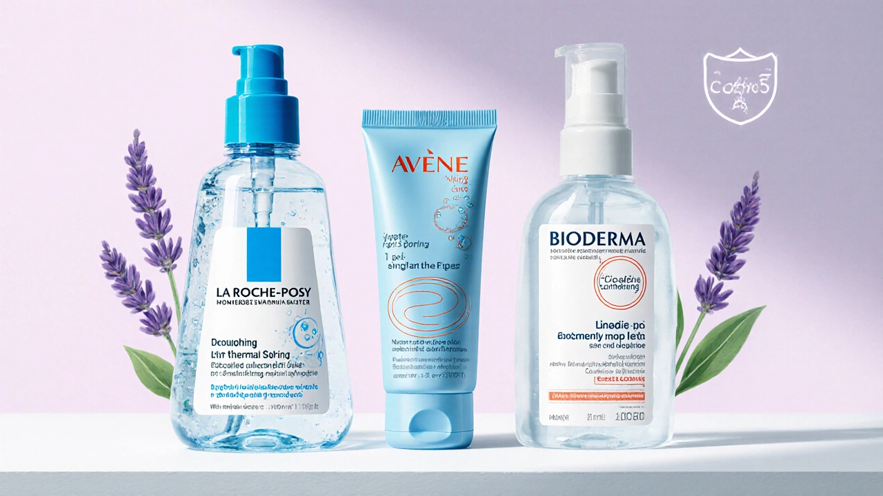 Trois flacons de soins cosmétique représentant La Roche‑Posay, Avène et Bioderma sur une table claire.