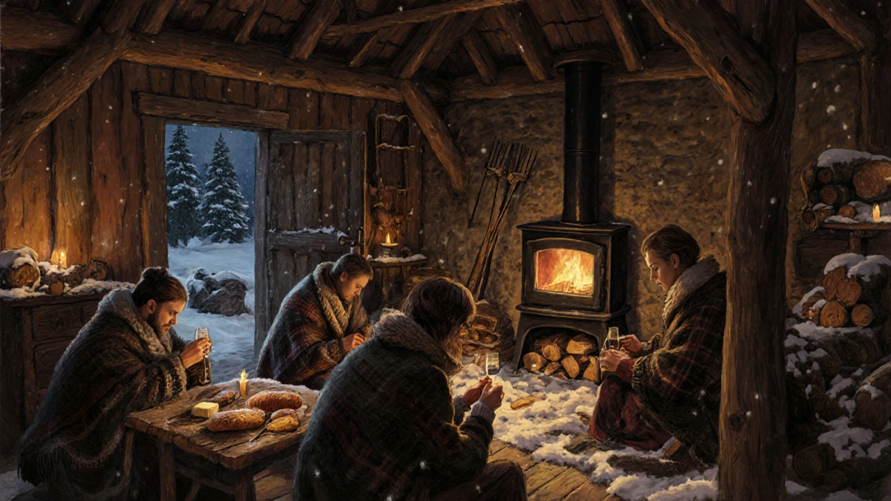 Veillée d’hiver dans une grange transformée : des familles autour d’un poêle à bois, couvertures épaisses et lueur douce des bougies.