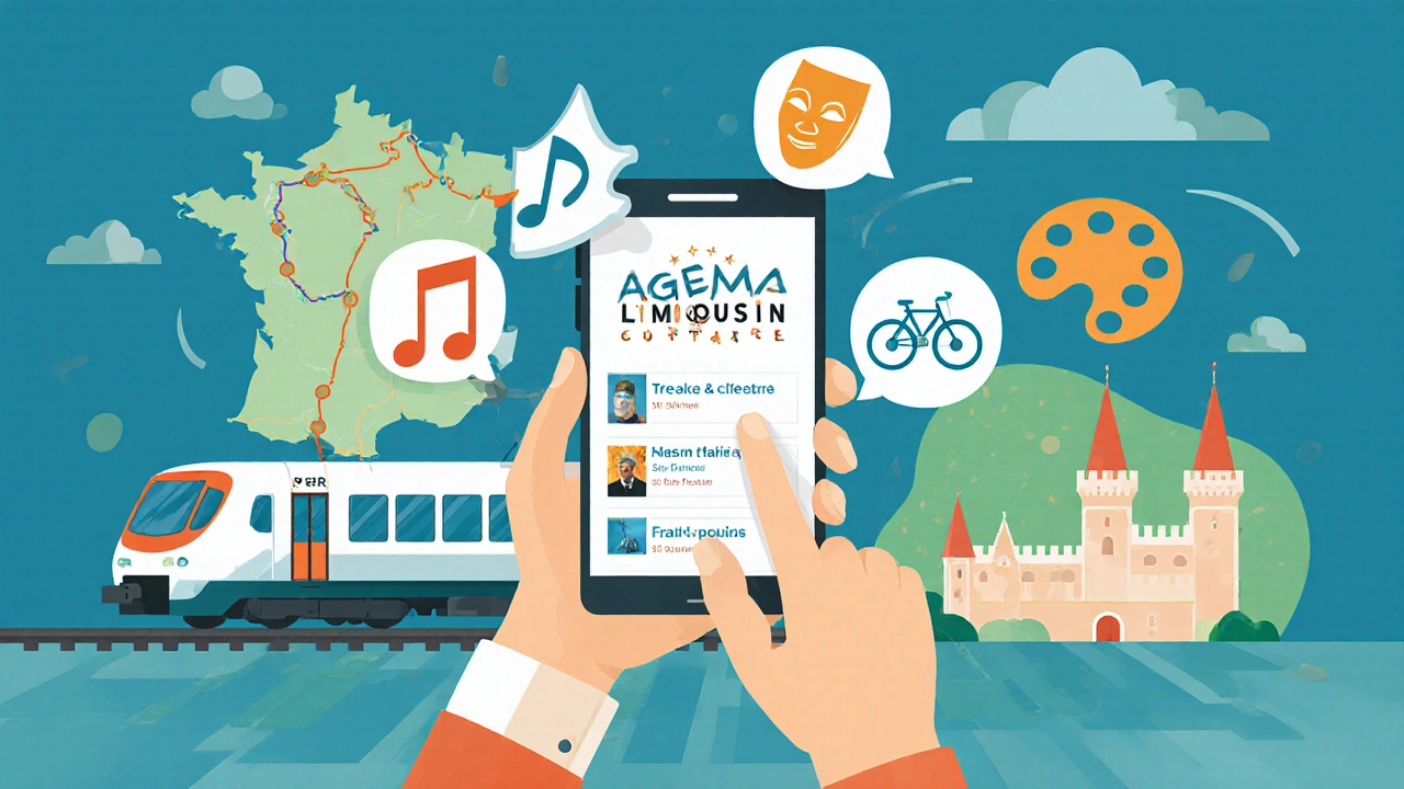 Voyageur consultant l'application Agenda Limousin Culture, avec icônes d'événements et réseaux de transport.