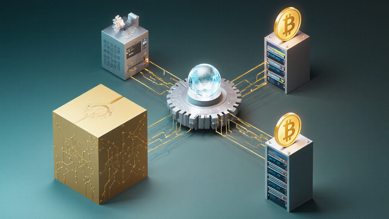 Vue isométrique du processus d’oracle Chainlink avec smart contract, nœuds stakés et flux de données.