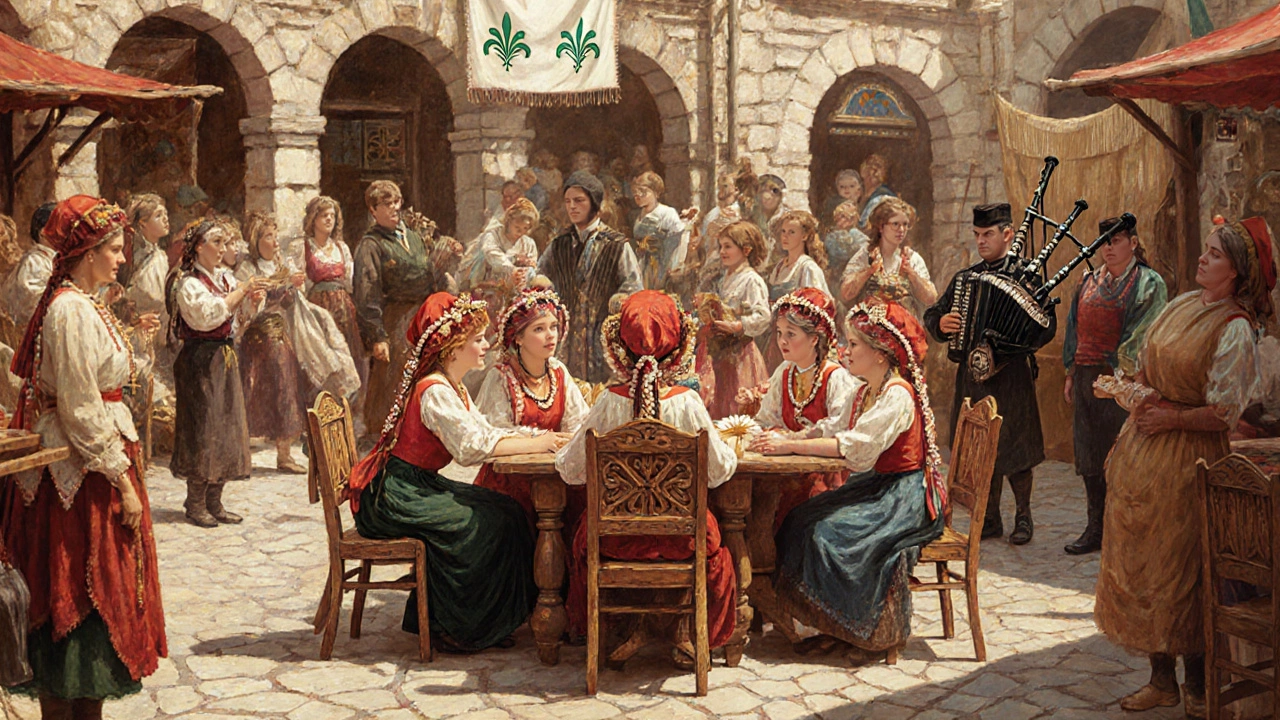 Women wearing ornate traditional headpieces at le Festival de la Coiffe in Saint‑Marcel.